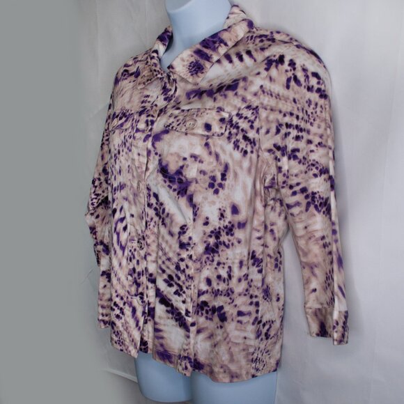 Chicos Sz 3 Abstract Animal Print Jacket Womens XL 16 18 Beige Purple Artsy E01X - Picture 2 of 4